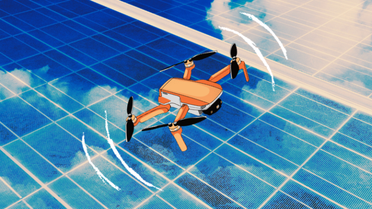 imagem estática com drone e grid de módulo fotovoltaico sobreposto ao céu.